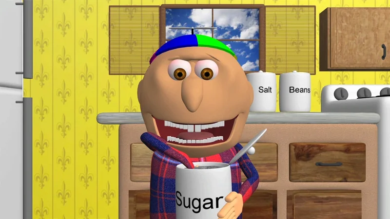 The infamous 3D animated Johny caught red-handed eating sugar from the mug — the defining frame of the Johny Johny Yes Papa viral video.