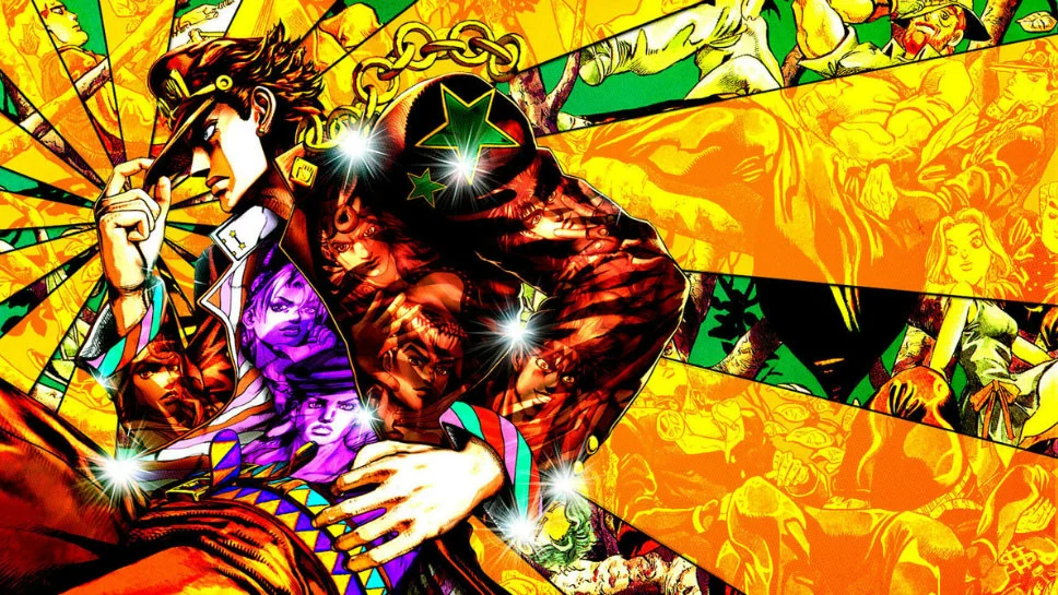 Iconic promotional art for JoJo's Bizarre Adventure featuring Jotaro Kujo and Star Platinum surrounded by cast members from the long-running manga series.