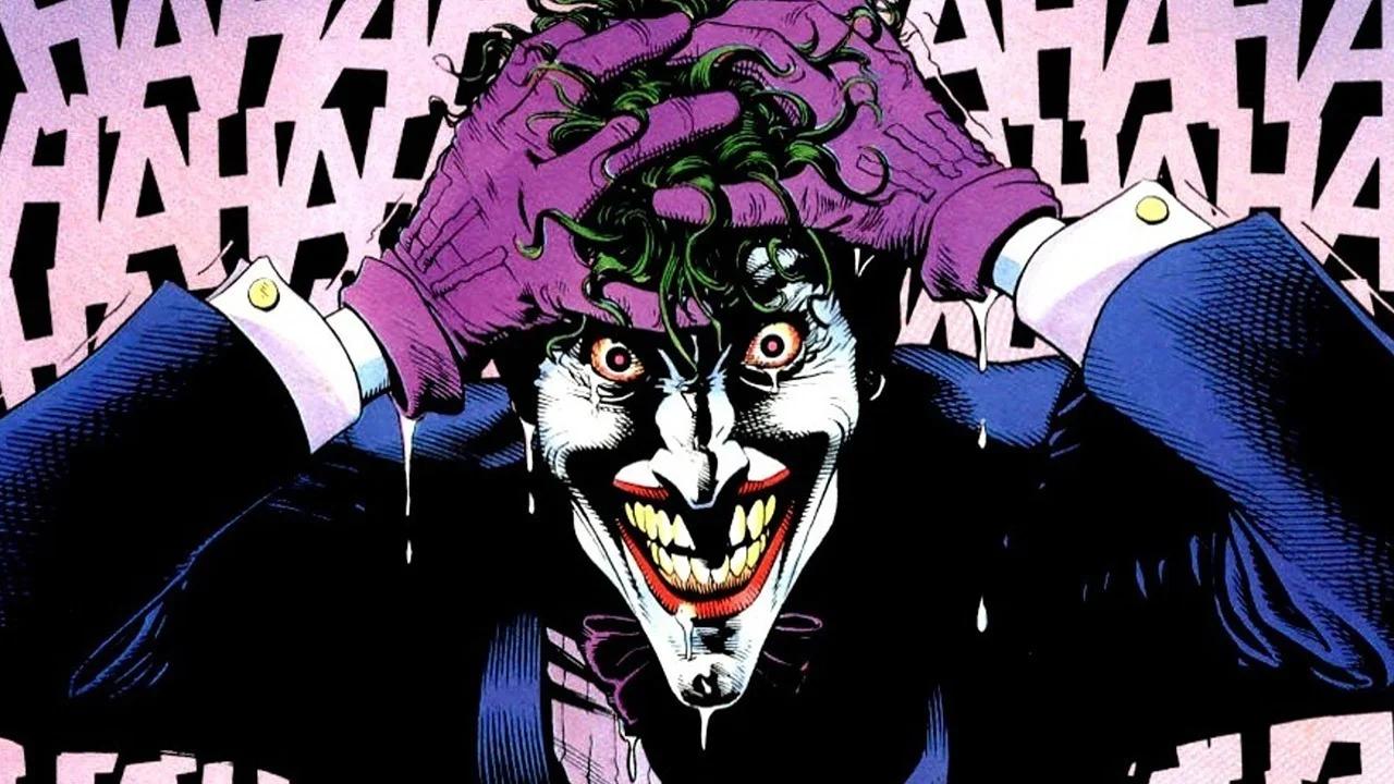 The Joker in his classic comic book form, laughing wildly — an image often referenced in memes about chaos and madness.