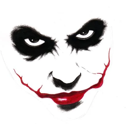 A stylized illustration of the Joker's iconic scarred grin and blackened eyes.