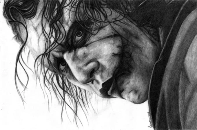 Detailed pencil illustration of the Joker as portrayed by Heath Ledger.