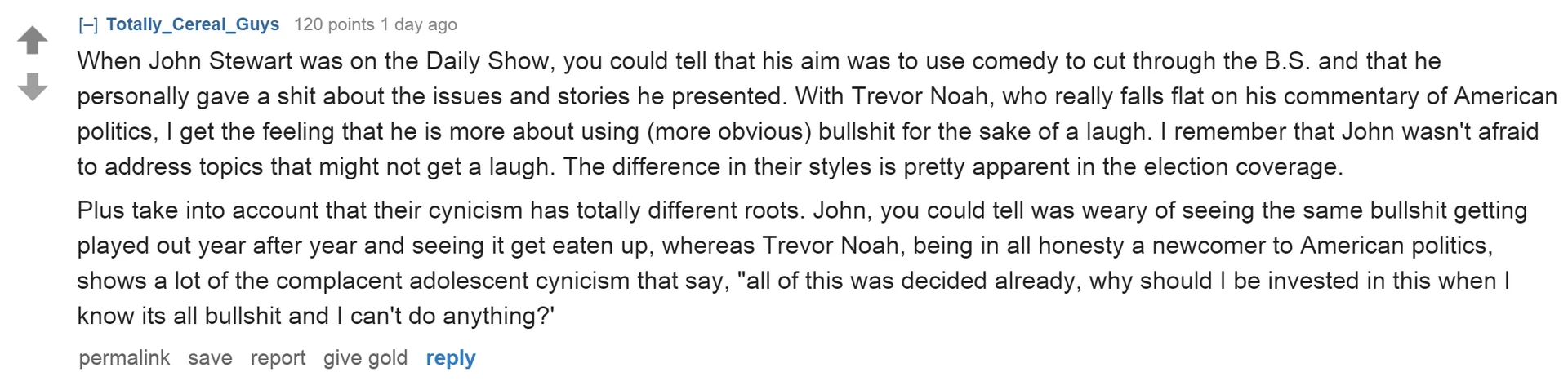 A Reddit comment reflecting on Jon Stewart's legacy on 'The Daily Show' compared to successor Trevor Noah.
