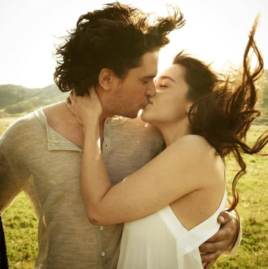 Kit Harington and Emilia Clarke kissing in a Rolling Stone photoshoot, an image widely shared by 'Jonaerys' fans as fuel for the ship.