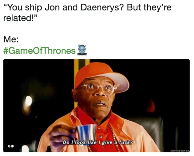 A Samuel L. Jackson reaction meme captures the 'Jonaerys' fandom's dismissal of concerns about the pair's blood relation.