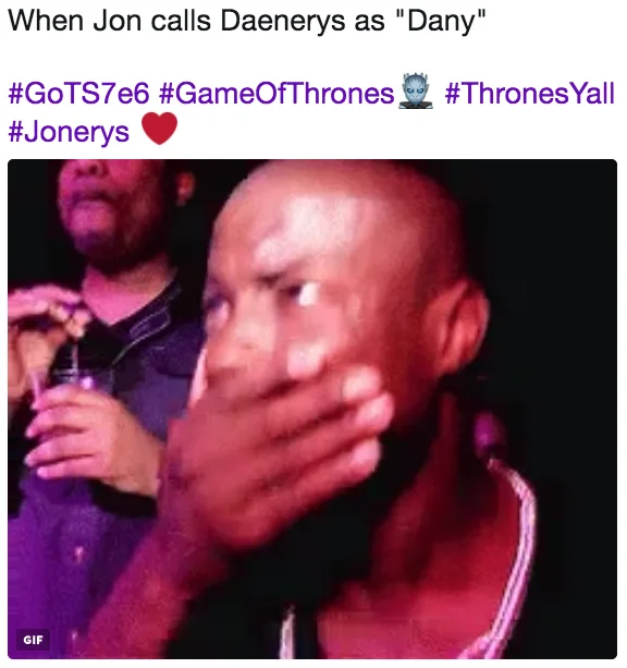 A shipper reaction gif captioned to swoon over Jon calling Daenerys 'Dany', tagged with the #Jonerys hashtag.