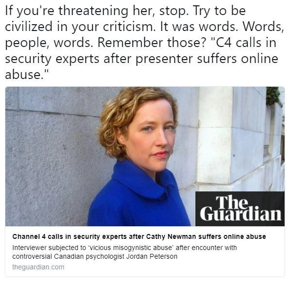Media coverage of the online backlash following the viral Channel 4 interview between Cathy Newman and Jordan Peterson.