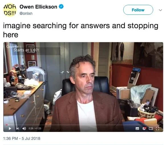 A screenshot of Peterson's YouTube livestream showing a notably cluttered room, often shared ironically given his 'clean your room' philosophy.