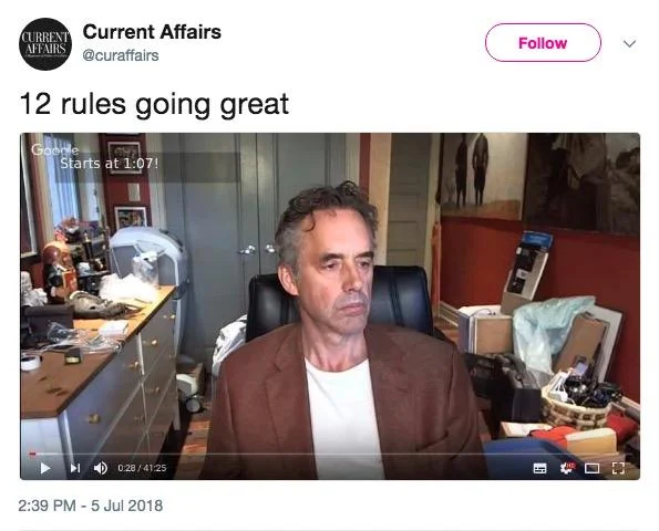 A viral tweet mocking Peterson's cluttered room in contrast to his self-help advice.