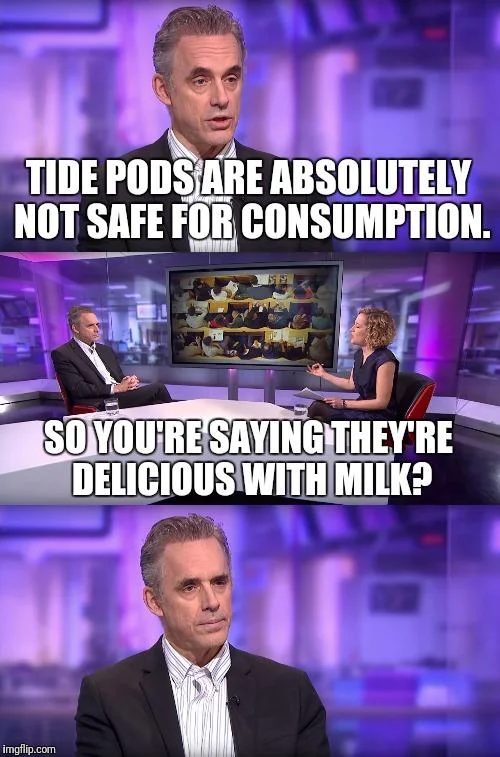 A 'So You're Saying' parody meme mocking Cathy Newman's interview style with an absurd strawman about vegetables.