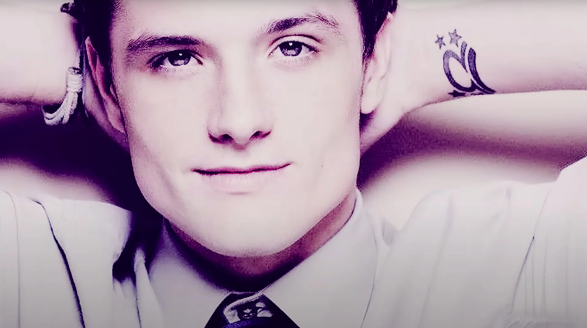 The stylized close-up of Josh Hutcherson used in the original 'Whistle' edit that went viral on TikTok in late 2023.