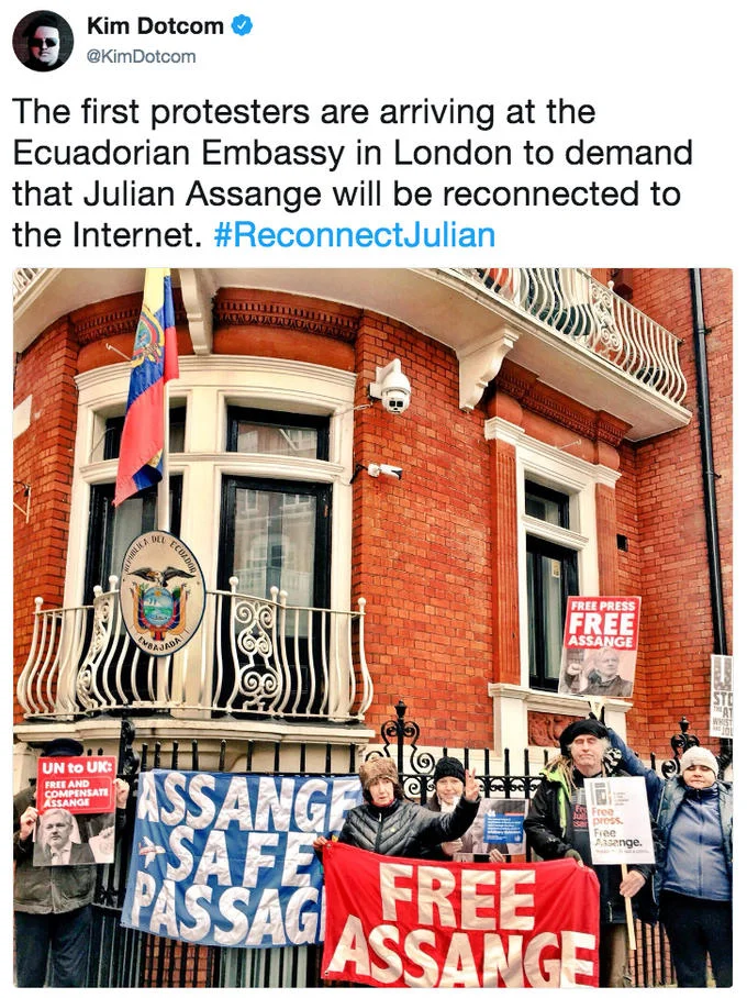 Kim Dotcom rallies supporters to gather at the Ecuadorian Embassy in London under the #ReconnectJulian banner.