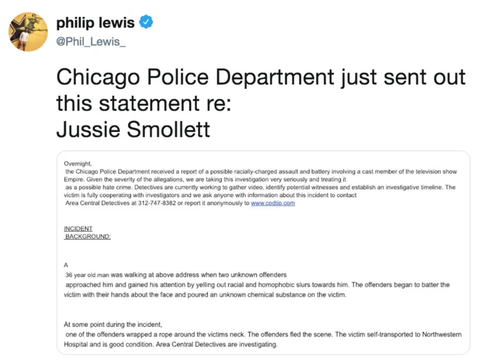 Philip Lewis's viral tweet sharing the Chicago Police Department's initial statement about the alleged attack on Smollett.