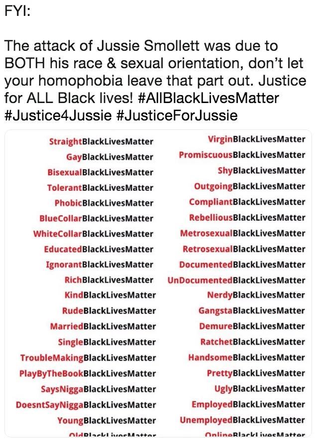 A social media post calling for justice for Smollett and emphasizing intersectional identity within the Black Lives Matter movement.
