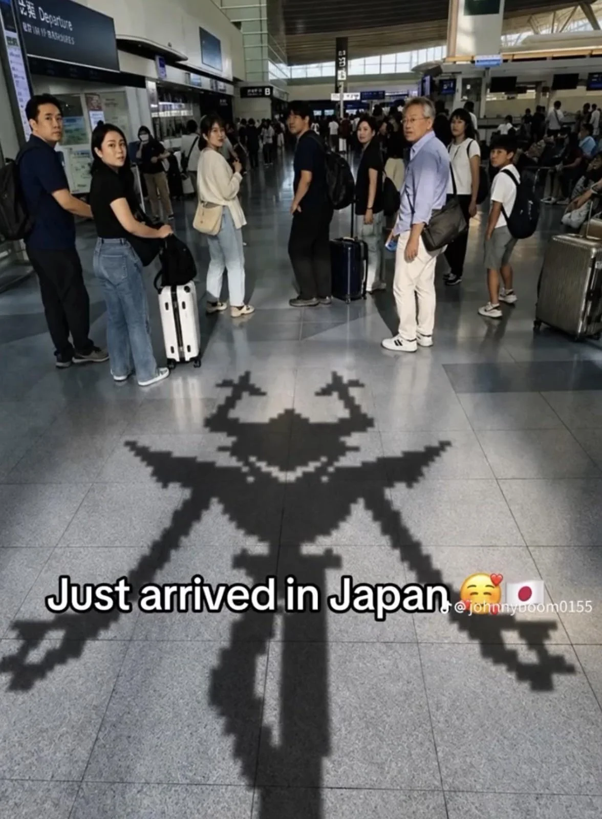A parody replacing the shadow with a pixel art character resembling classic video game sprites.