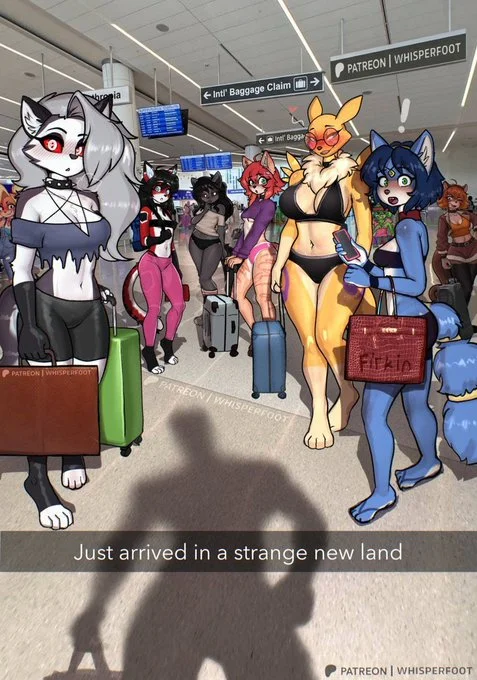 A furry community parody by Whisperfoot reversing the perspective to show a human arriving in an anthro world.