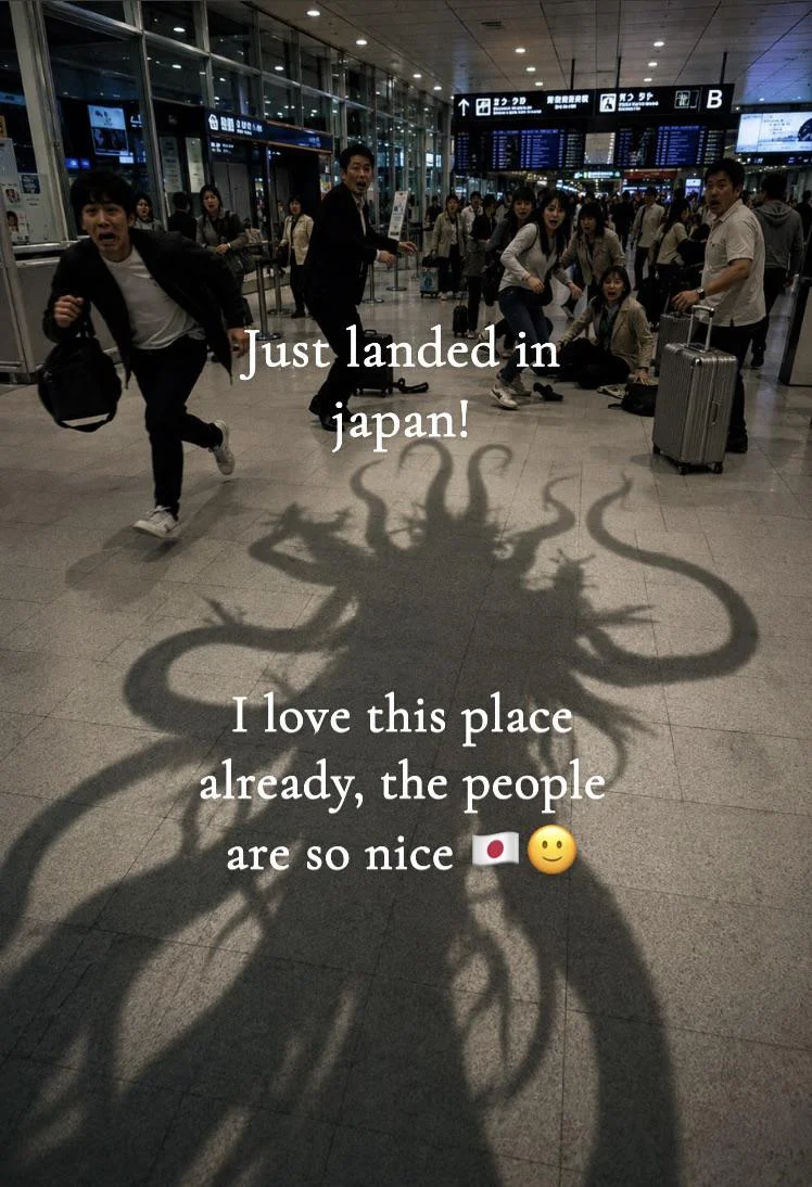 A horror-comedy edit showing a Lovecraftian monster shadow with travelers running away in terror.