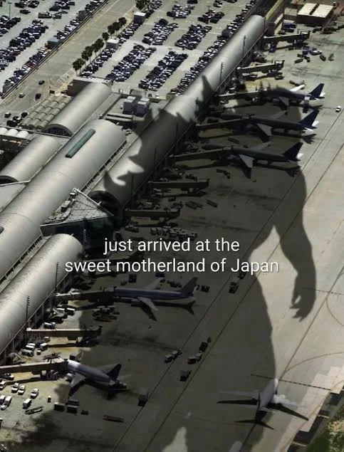 A scale-exaggeration parody showing a massive shadow cast over an entire airport terminal from above.