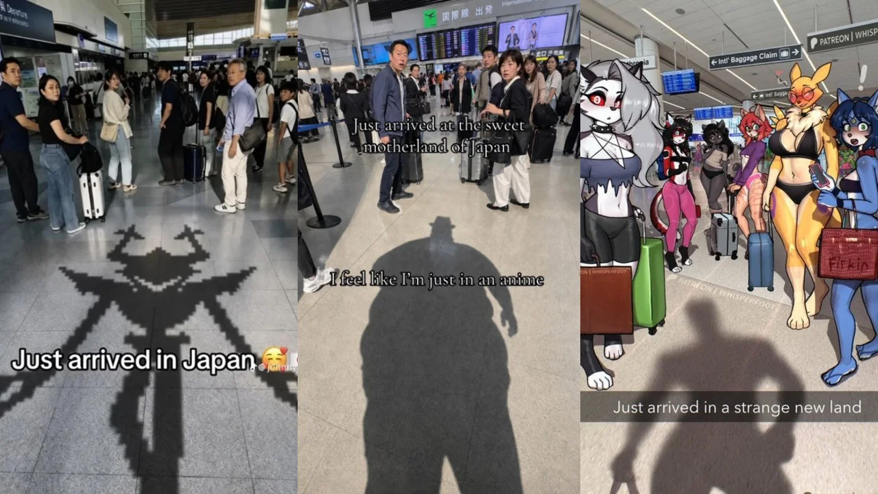 Cover collage of the 'Just arrived in Japan' meme showcasing the original TikTok post and two popular variants that helped the format spread.