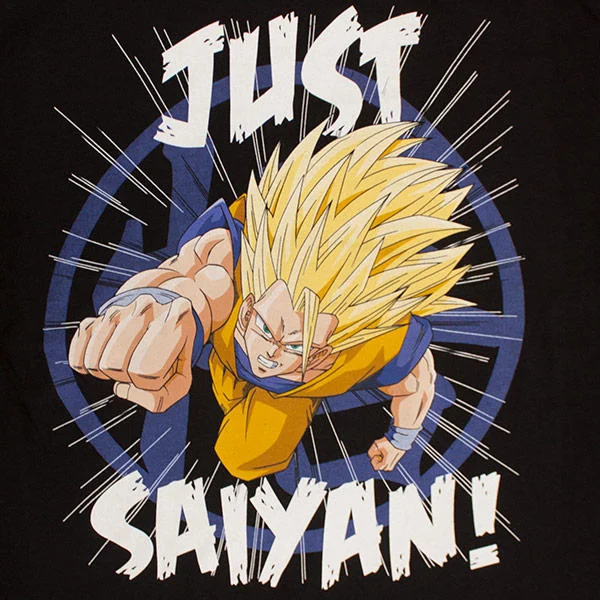 A 'Just Saiyan!' apparel design featuring Goku in Super Saiyan 3 form, popularizing the pun through merchandise.