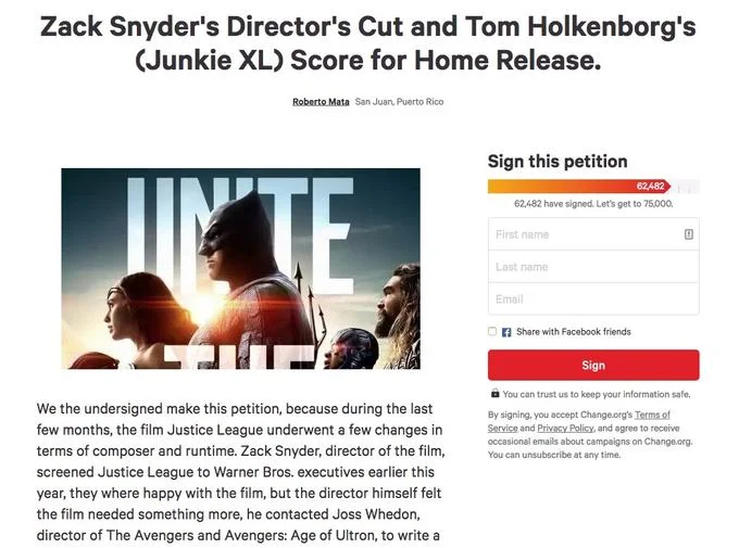 Fan-organized Change.org petition demanding a release of Zack Snyder's original director's cut of Justice League.