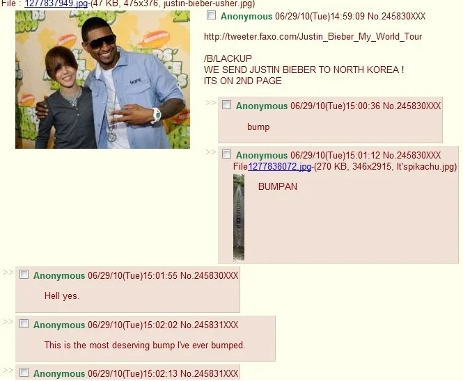 The original 4chan /b/ thread from June 29, 2010 where anonymous users rallied behind the plan to 'send Justin Bieber to North Korea' via the tour vote.