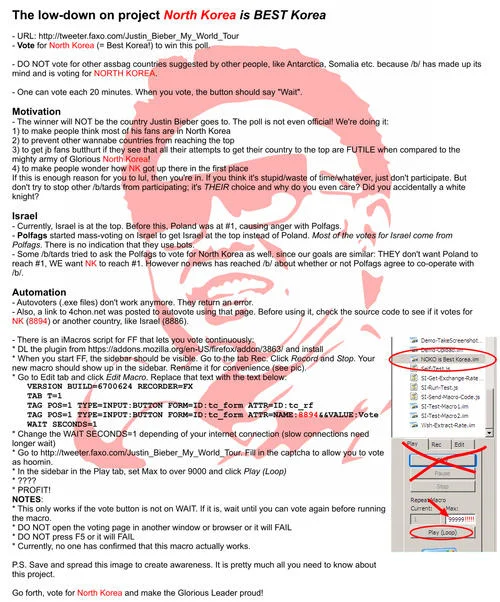 The 'North Korea is BEST Korea' operations guide circulated on 4chan, detailing the auto-vote macro and strategy used to push North Korea to the top of Bieber's tour poll.