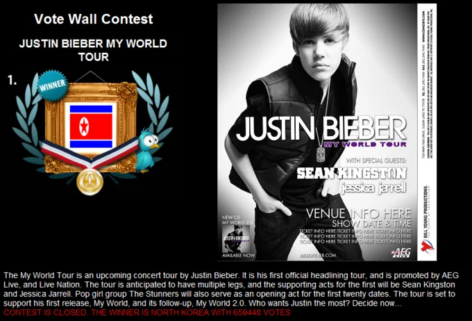 The 'Vote Wall Contest' page for Bieber's My World Tour showing North Korea crowned as the winning country after the coordinated 4chan voting campaign.