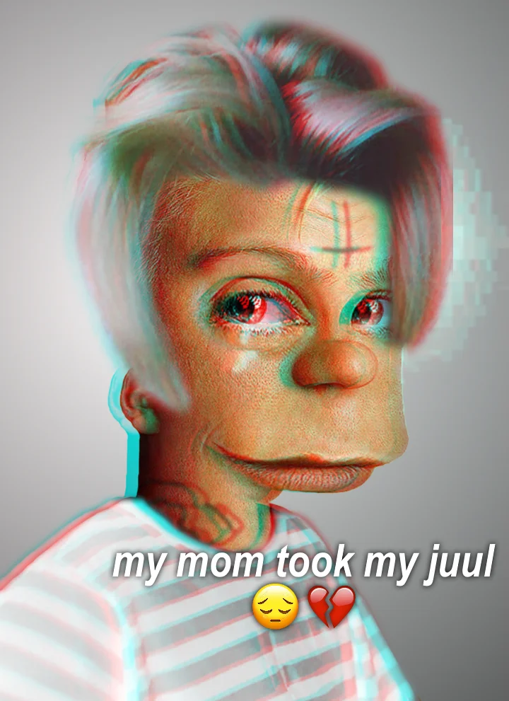 A cursed-image edit dramatizing a teen's despair after a parent confiscates their JUUL.