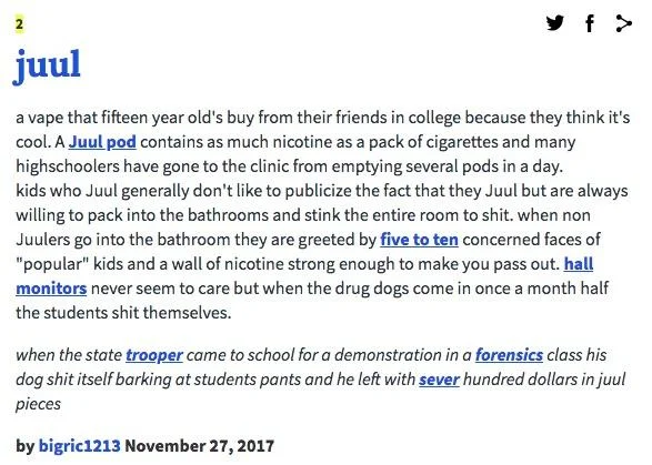 An Urban Dictionary entry from November 2017 satirizing teenage JUUL use in school bathrooms.