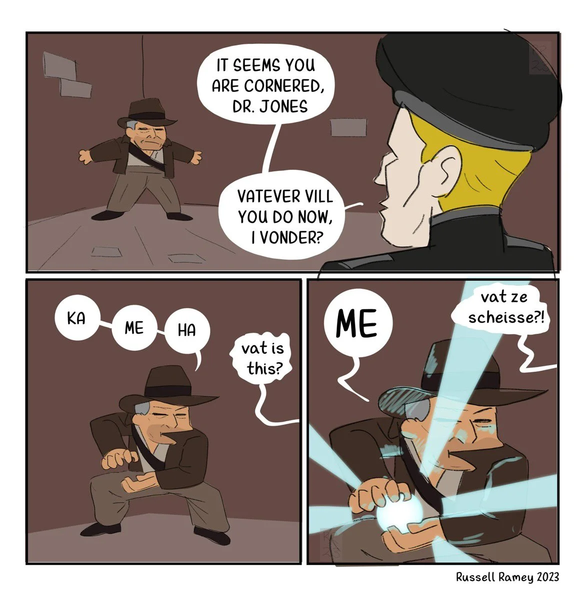 A Russell Ramey comic mashing up Indiana Jones with the Kamehameha attack from Dragon Ball.