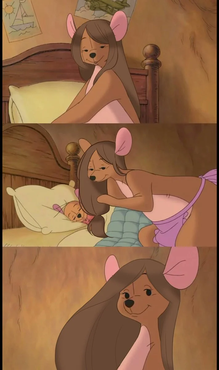Multiple edits of Kanga with human hair across different Winnie the Pooh scenes.