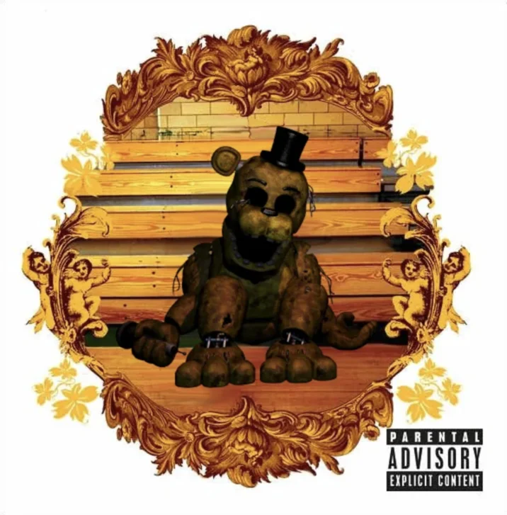 A fan-made album cover mashup replacing the '808s & Heartbreak' balloon with Golden Freddy.
