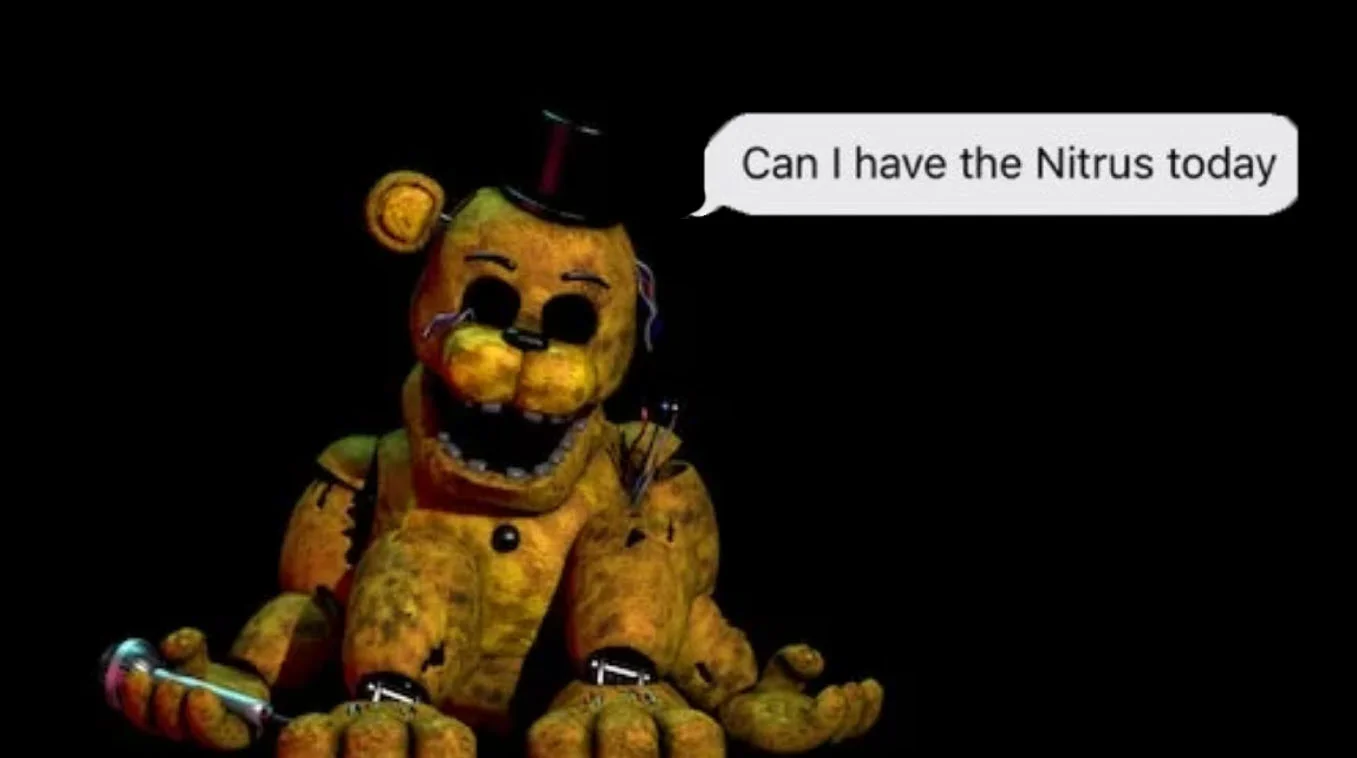 The main meme image pairing Golden Freddy with Kanye West's leaked 'Can I have the Nitrus today' text.