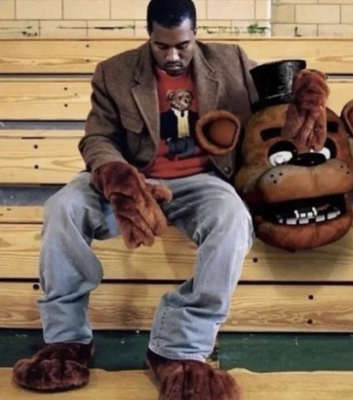 Edit of the '808s & Heartbreak' promo photo with Freddy Fazbear's head in place of the heart balloon.