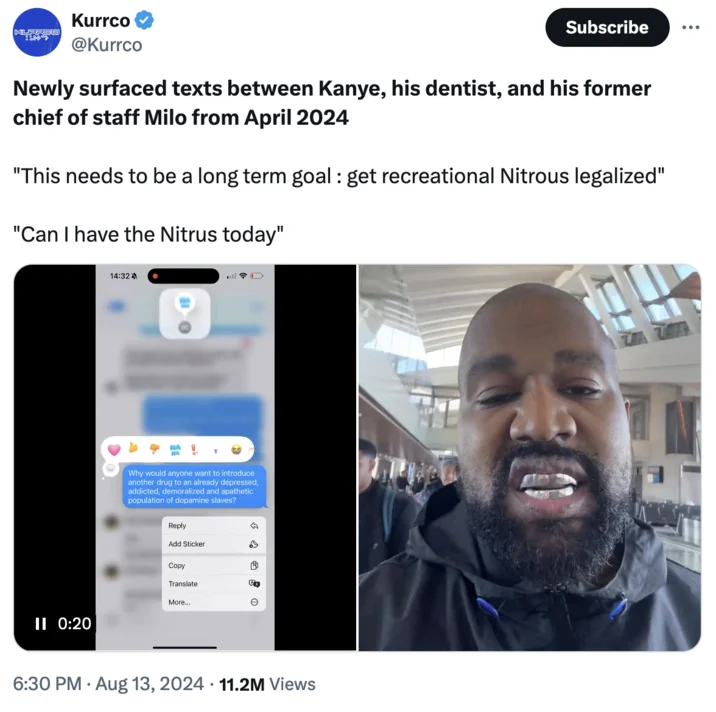 Kurrco's viral tweet from August 13, 2024 that surfaced the original 'Can I have the Nitrus today' text message.