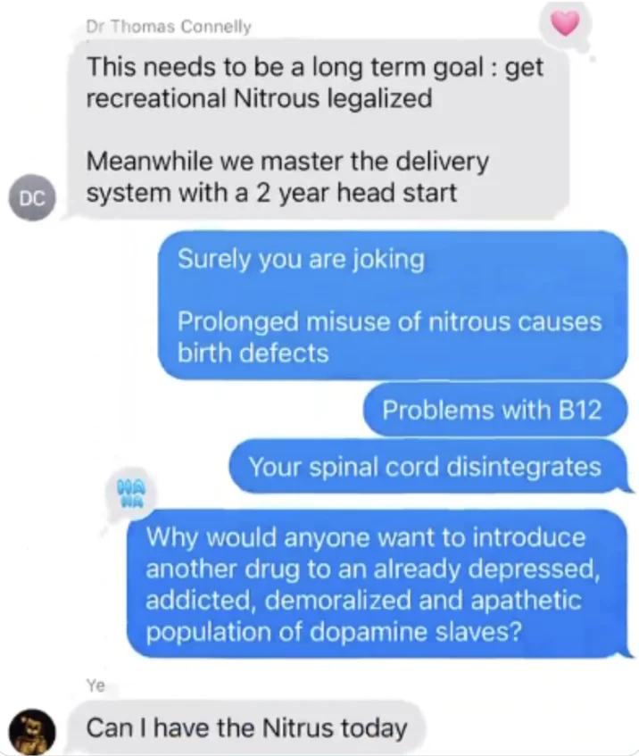 The full leaked text conversation between Kanye West and dentist Dr. Thomas Connelly about recreational nitrous.
