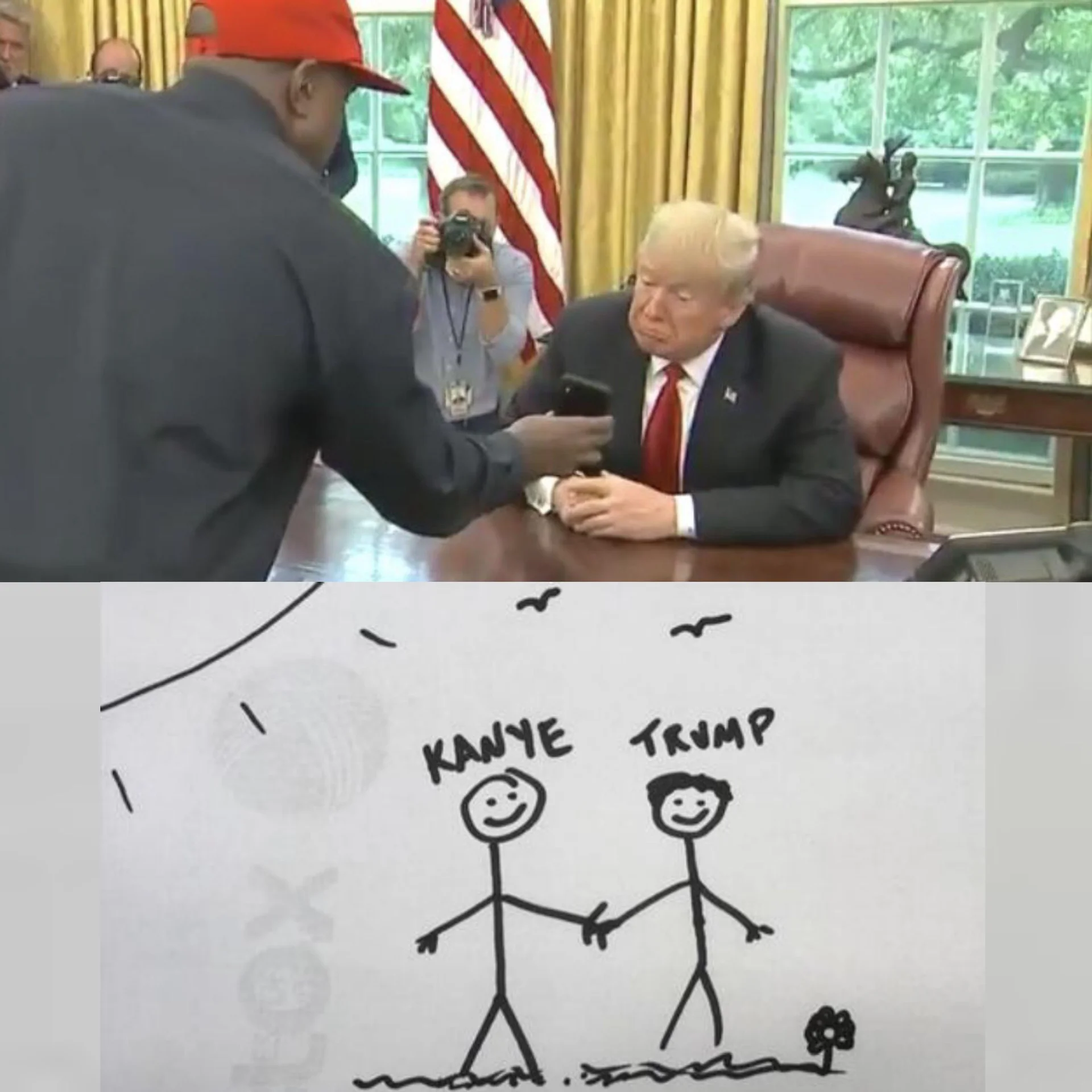 A widely shared photoshop remix layering a bulging bodybuilder arm over the Kanye–Trump handshake.