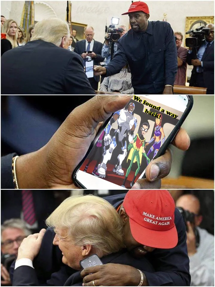Meme juxtaposing Kanye's Oval Office phone reveal with a childlike stick-figure drawing labeled 'Kanye' and 'Trump'.