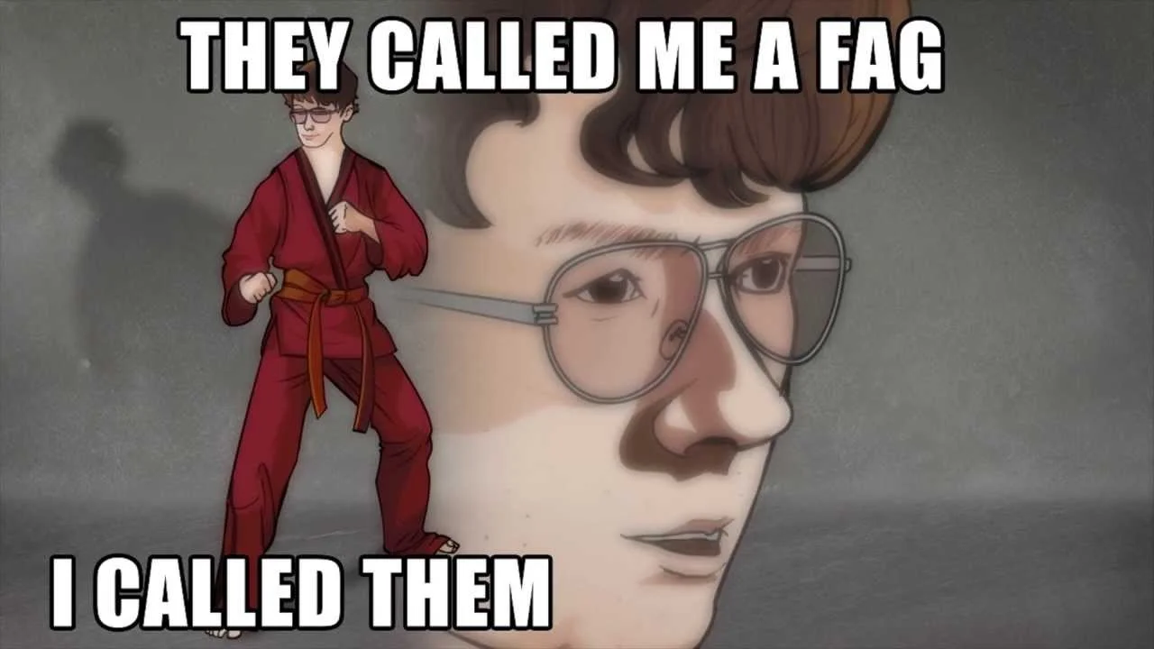 An illustrated version of the Karate Kyle image macro, showing the meme's signature juxtaposition of a small karate pose against a giant close-up face.