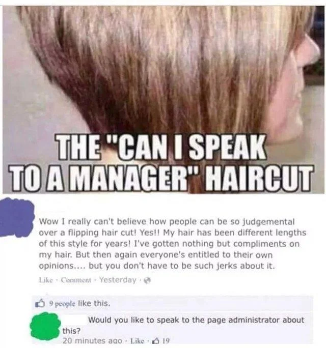 Iconic formulation of the Karen haircut joke.