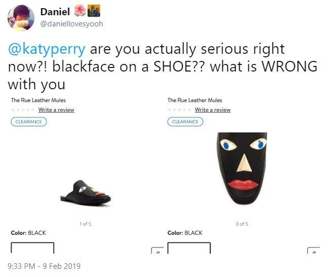 A viral February 9, 2019 tweet from @daniellovesyooh questioning Katy Perry over the Rue Leather Mules design.