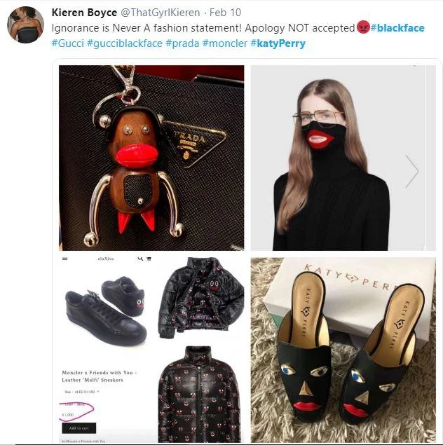 A tweet by @ThatGyrlKieren grouping Katy Perry's shoes with other 2019 fashion blackface controversies from Prada, Gucci and Moncler.