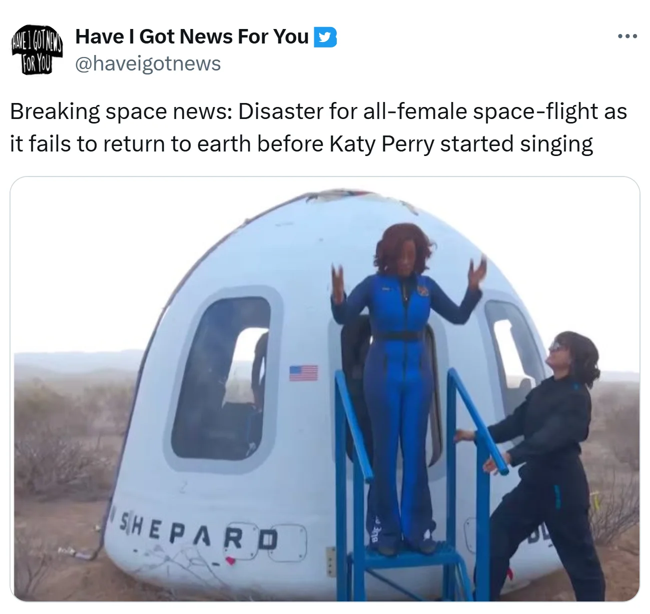 Twitter meme about Katy Perry's space trip showing Blue Origin spacecraft with space-suited astronaut