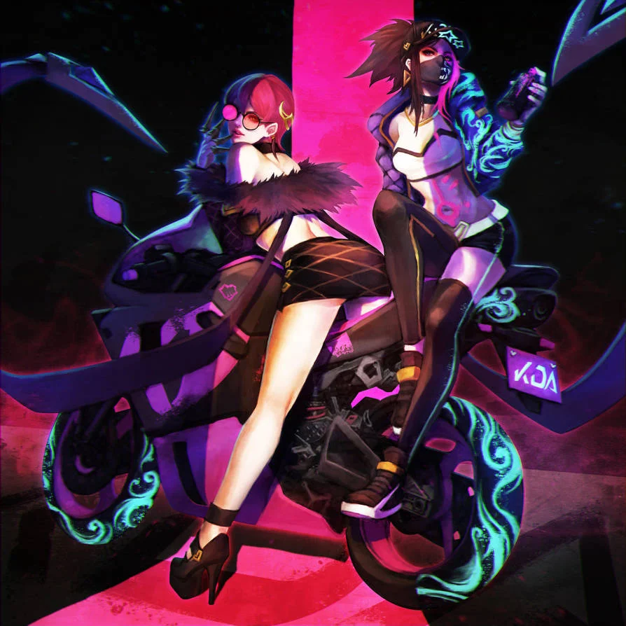 Fan illustration of K/DA members Evelynn and Akali riding a stylized neon motorcycle.