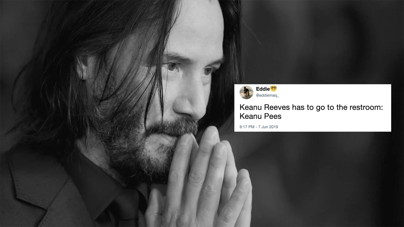 A widely shared example of the Keanu Reeves name pun meme, pairing a solemn photo of the actor with the pun 'Keanu Pees'.