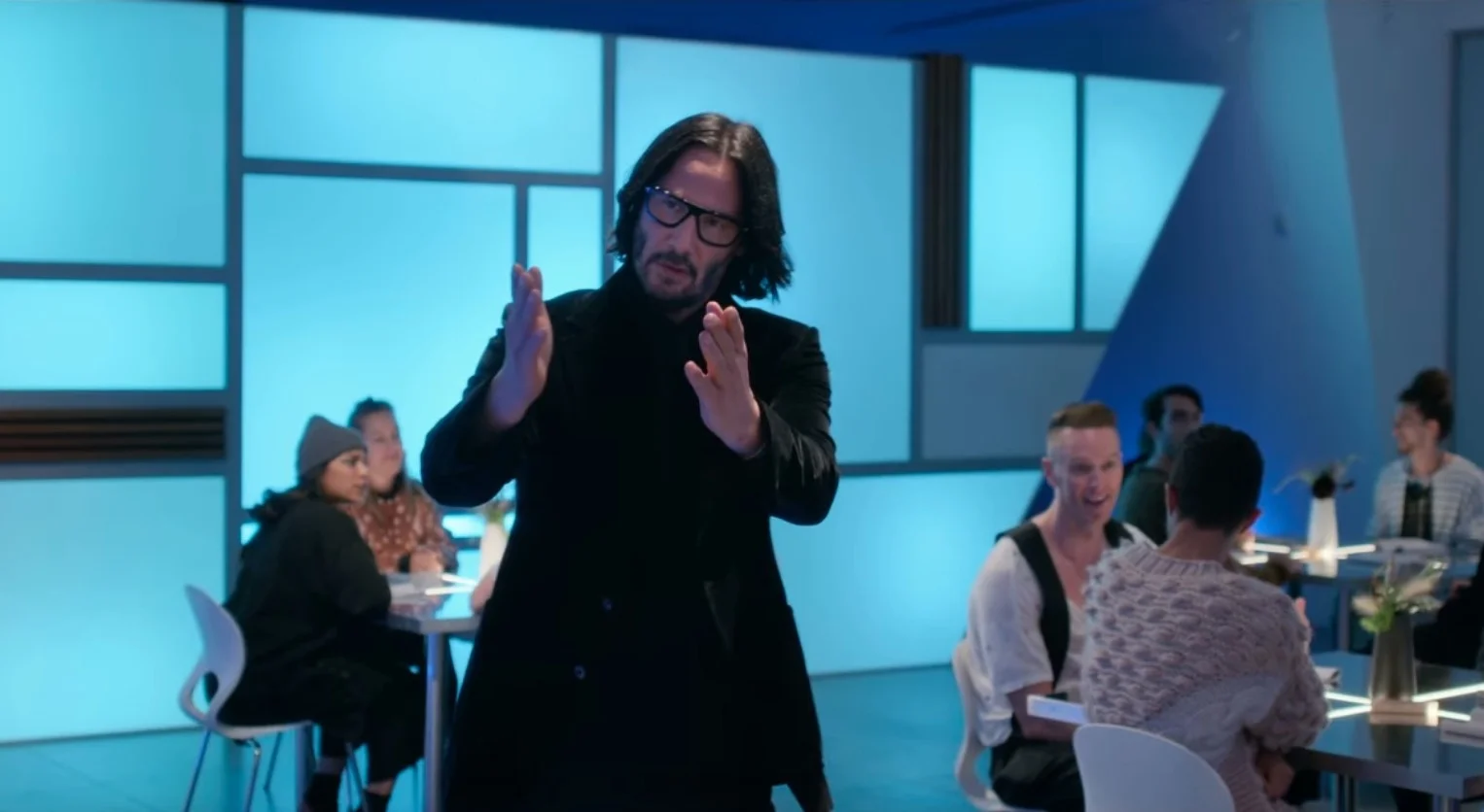 Keanu Reeves' iconic slow-motion entrance from Always Be My Maybe (2019), the scene that launched the meme.