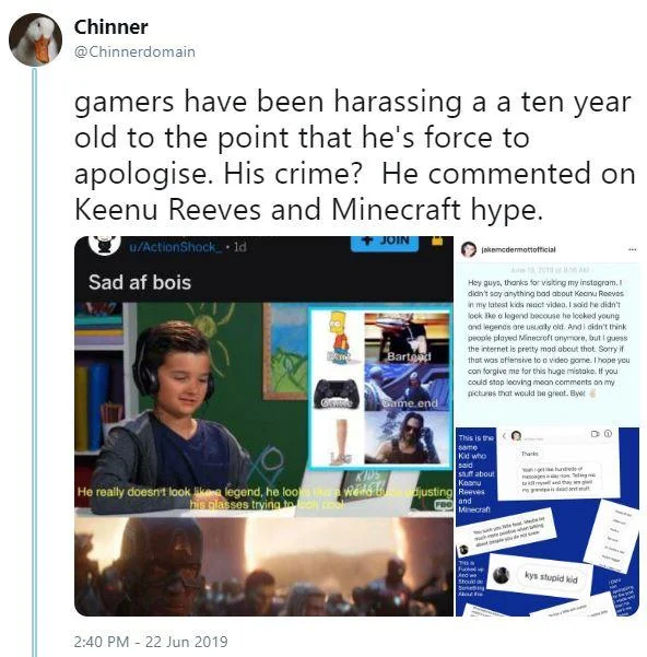 A June 2019 tweet condemning the harassment campaign against a ten-year-old Kids React participant who joked about Keanu Reeves and Minecraft.