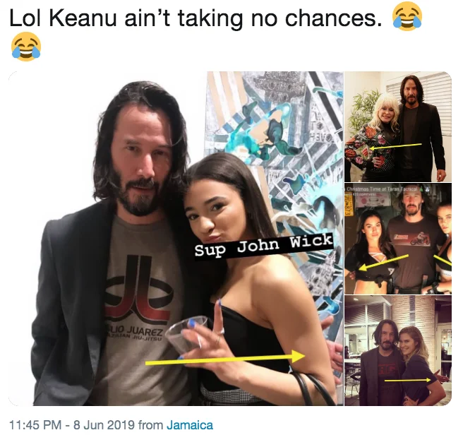 A viral 2019 tweet documenting Keanu Reeves' respectful 'hover hand' pose with female fans, which further fueled his 'wholesome internet boyfriend' meme status.