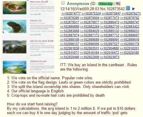 The original 4chan /pol/ thread proposing that users buy a Caribbean island to found a new nation, one of the earliest seeds of the Kekistan concept.