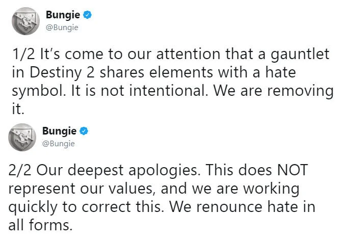 Bungie's 2018 apology tweets after a Destiny 2 gauntlet was compared to the Kekistan flag, which some organizations classify as a hate symbol.